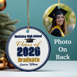 ネイビーブルー ゴールド クラスオブ2026 卒業写真 セラミックオーナメント
