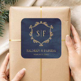 ネイビーブルー ゴールド クレスト モノグラム ウェディング フェイバー スクエアシール