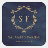 ネイビーブルー ゴールド クレスト モノグラム ウェディング フェイバー スクエアシール (正面)