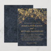 ネイビーブルー ゴールド グリッター ストリング ライト ウェディング 招待状 (正面/裏面)