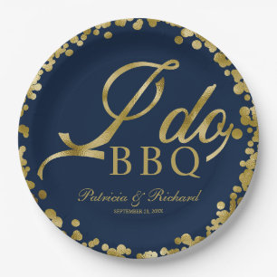 ネイビーブルー ゴールド コンフェッティ I Do BBQ 婚約パーティー ペーパープレート