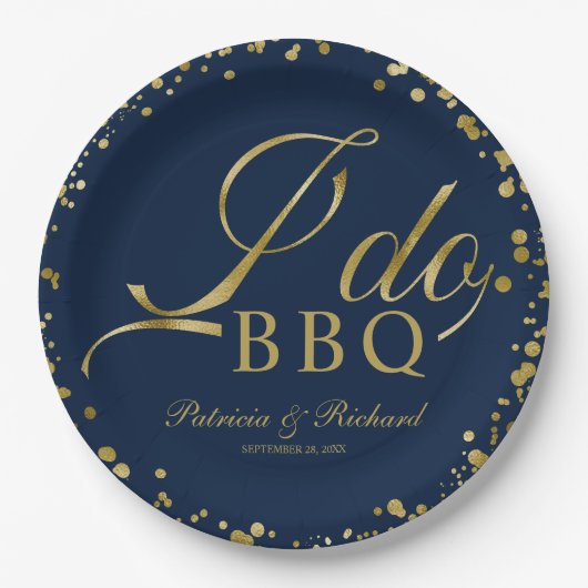 ネイビーブルー ゴールド コンフェッティ I Do BBQ 婚約パーティー ペーパープレート (正面)