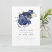 ネイビーブルー、ゴールド、シルバーの花柄の結婚式ゲスト向けお詫び 案内状 (スタンド正面)
