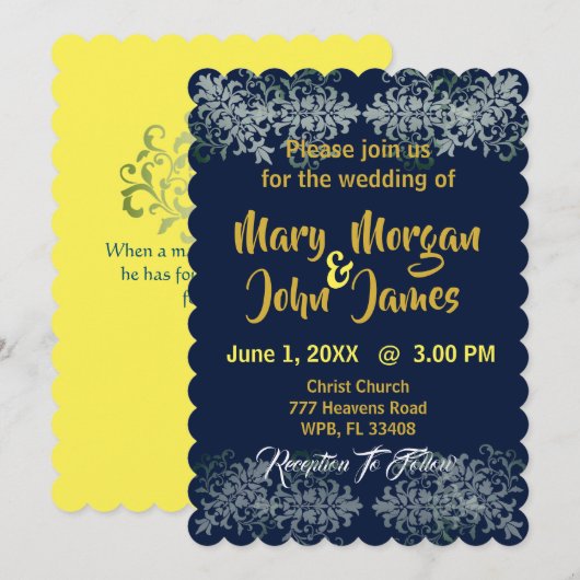 ネイビーブルー ゴールド シルバー イエロー 結婚式 招待状 (正面/裏面)