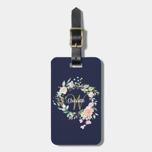ネイビーブルー ゴールド スクリプト モノグラム フローラル ローズ ラゲッジタグ (正面縦)