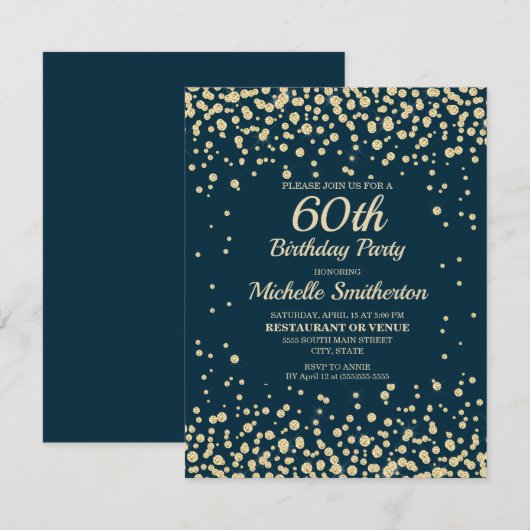 ネイビーブルー ゴールド ダイヤモンド ギター 60歳の誕生日 カード (正面/裏面)