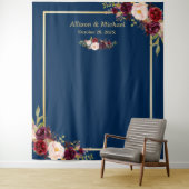 ネイビーブルー ゴールド バーガンディ フラワー ウェディング バックドロップ タペストリー (インサイチュ)