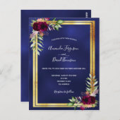 ネイビーブルー ゴールド バーガンディ フラワー ウェディング 招待状 (正面/裏面)