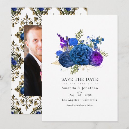 ネイビーブルー、ゴールド、パープルのヴィンテージ フラワー ウェディング セーブザデート (正面/裏面)