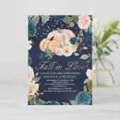 ネイビーブルー ゴールド ピンクの花模様のパンプキン ブライダルシャワー 招待状 (スタンド正面)