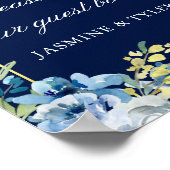 ネイビーブルー ゴールド フラワーの結婚式 ゲストブック ポスター (角)