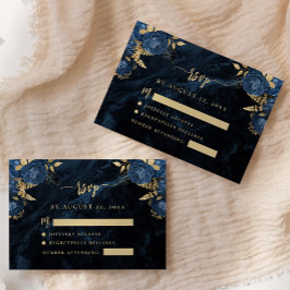 ネイビーブルー ゴールド フラワー アゲート 結婚式 RSVP エンクロージャーカード