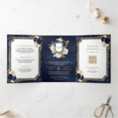 ネイビーブルー ゴールド フラワー オールインワン クレスト ウェディング 三つ折り招待状 (内部)