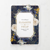 ネイビーブルー ゴールド フラワー オールインワン クレスト ウェディング 三つ折り招待状 (カバー)