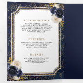 ネイビーブルー ゴールド フラワー オールインワン クレスト ウェディング 三つ折り招待状 (内部最初)