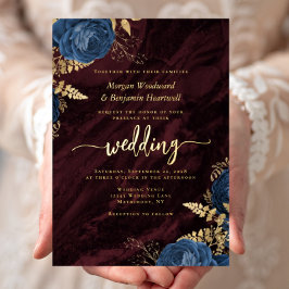 ネイビーブルー ゴールド フラワー ブルゴーニュ 結婚式 箔招待状