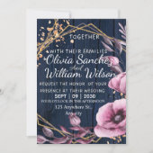 ネイビーブルー ゴールド ブラッシュ ピンク カントリー ウェディング 招待状 (正面)