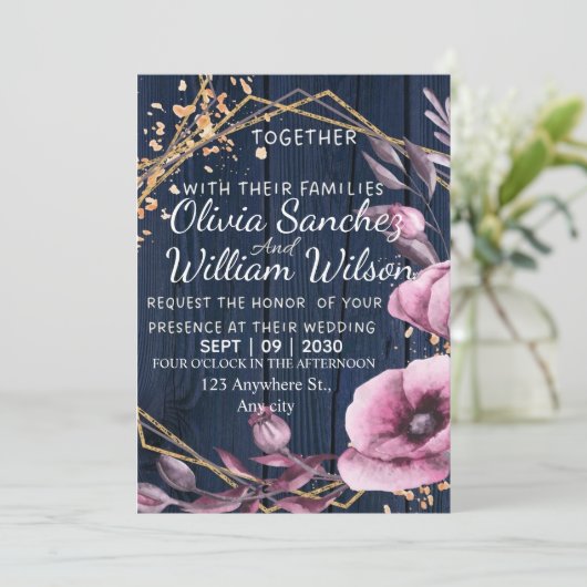 ネイビーブルー ゴールド ブラッシュ ピンク カントリー ウェディング 招待状 (スタンド正面)