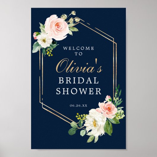 ネイビーブルー ゴールド ブラッシュ ブライダルシャワー ウェルカムサイン ポスター (正面)
