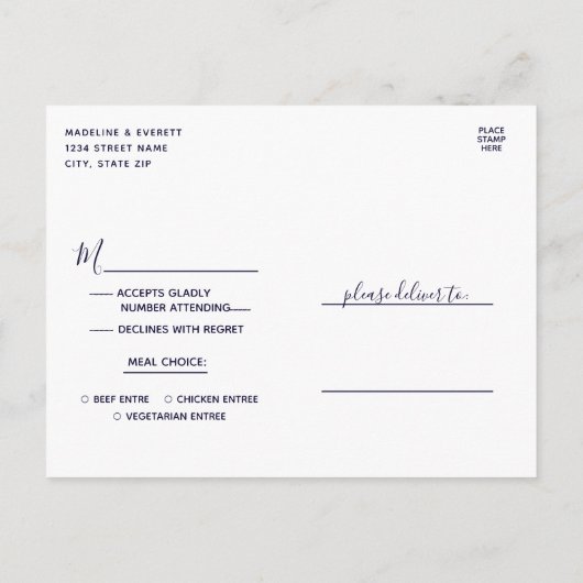 ネイビーブルー ゴールド ホイル アゲート 結婚式 料理選択 RSVP インビテーションポストカード (裏面)