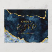 ネイビーブルー ゴールド ホイル アゲート 結婚式 料理選択 RSVP インビテーションポストカード (正面)