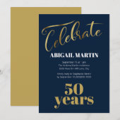 ネイビーブルー ゴールド ホワイト 50歳の誕生日パーティー 招待状 (正面/裏面)
