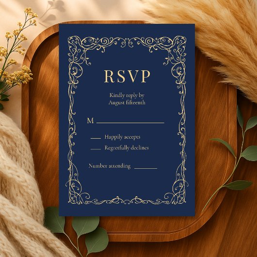 ネイビーブルー ゴールド ミニマリスト 結婚式 RSVP