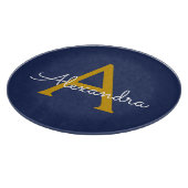 ネイビーブルー ゴールド モダン スクリプト ガーリー モノグラム ネーム カッティングボード (角)