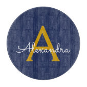 ネイビーブルー ゴールド モダン スクリプト ガーリー モノグラム ネーム カッティングボード (正面)