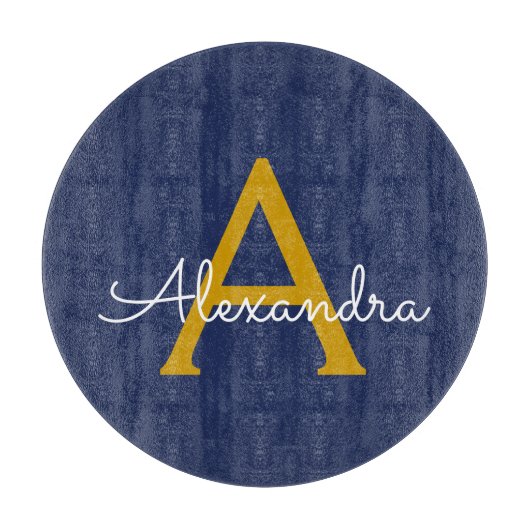 ネイビーブルー ゴールド モダン スクリプト ガーリー モノグラム ネーム カッティングボード (正面)