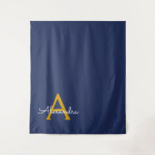 ネイビーブルー ゴールド モダン スクリプト ガーリー モノグラム ネーム タペストリー (正面)