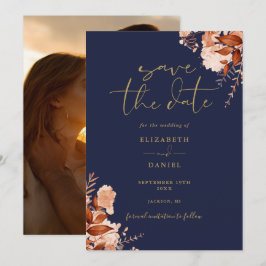 ネイビーブルー ゴールド ラスティック フラワー フォト 秋の結婚式 セーブザデート