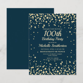 ネイビーブルー+ゴールド+ラメ 女性 100歳の誕生日 カード