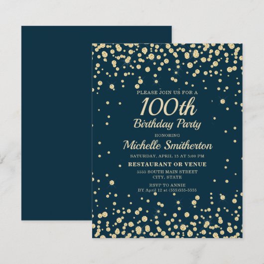ネイビーブルー+ゴールド+ラメ 女性 100歳の誕生日 カード (正面/裏面)