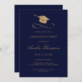 ネイビーブルー & ゴールド 偽のグリッター卒業式 招待状 (正面/裏面)