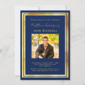 ネイビーブルー ゴールド 写真 誕生日 招待状 (正面)