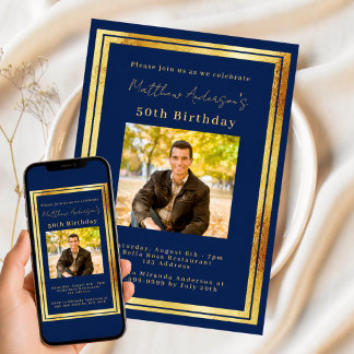 ネイビーブルー ゴールド 写真 誕生日 招待状
