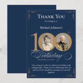 ネイビーブルー ゴールド 写真 100歳の誕生日お祝いカード 招待状 (正面/裏面)