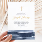 ネイビーブルー ゴールド 十字架 男の子 洗礼 誕生 招待状