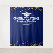 ネイビーブルー ゴールド 卒業パーティー 背景おめでとう タペストリー (正面)