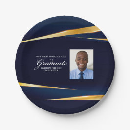 ネイビーブルー ゴールド 幾何学 フォト 卒業パーティー ペーパープレート