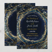 ネイビーブルー ゴールド 抽象的 ライト 幾何学的 ウェディング 招待状 (正面/裏面)