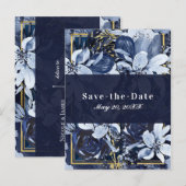 ネイビーブルー ゴールド 水彩 花柄 セーブ・ザ・デート 案内ポストカード (正面/裏面)