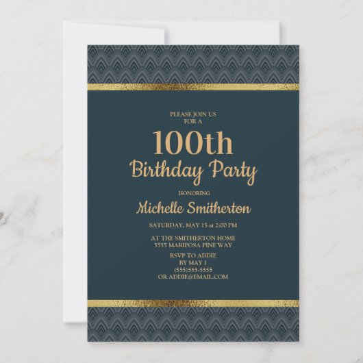 ネイビーブルー ゴールド 100歳の誕生日パーティー 招待状 (正面)