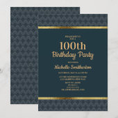 ネイビーブルー ゴールド 100歳の誕生日パーティー 招待状 (正面/裏面)