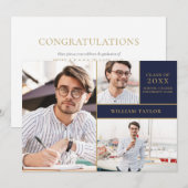 ネイビーブルー ゴールド 3 枚の写真を飾る 卒業パーティー 招待状 (正面/裏面)