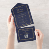 ネイビーブルー+ゴールドQRコード アールデコ調の結婚式 オールインワン招待状 (貼ってはがせる)