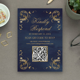ネイビーブルー ゴールドQRコード RSVP ウェディング ウェブサイト エンクロージャーカード