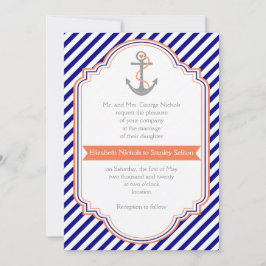 ネイビーブルー、サンゴいかりストライプ&航海の結婚ズ 招待状