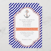 ネイビーブルー、サンゴいかりストライプ&航海の結婚ズ 招待状 (正面/裏面)